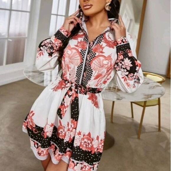 ELEGANT FLORAL GEO PRINT STAND COLLAR A LINE MINI DRESS - Picture 5 of 12
